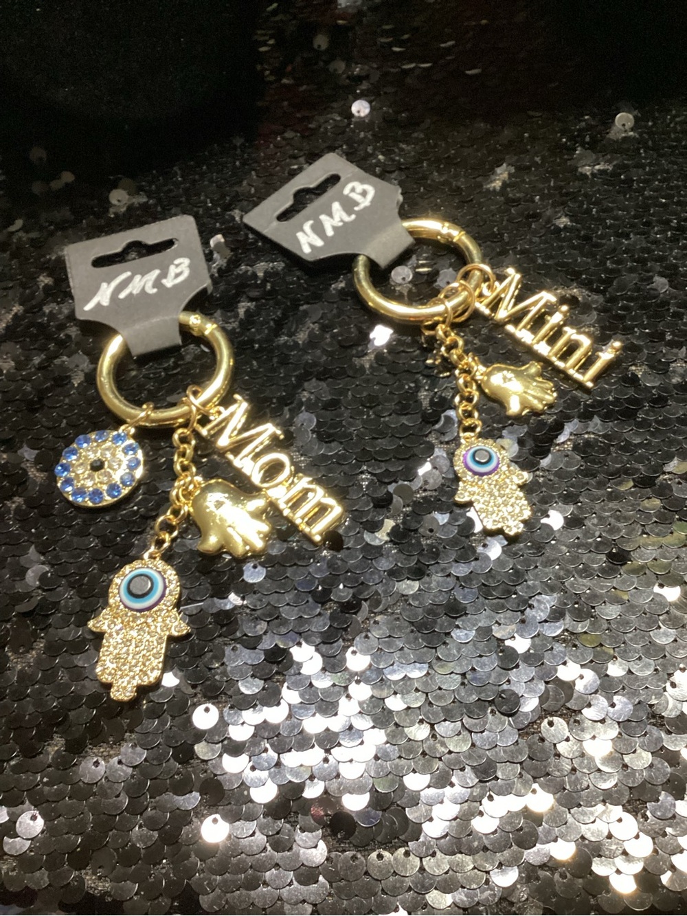 Gold 'Mom' & 'Mini' Hamsa Keyring Set - Gold Tone